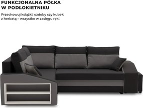Grande sarokkanapé polcokkal és puffokkal , polc a bal karfaban puffok a jobb karfaban, baloldali, szövet anyag, bonell töltet, fekete - szürke