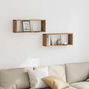 2 db kézműves tölgyszínű szerelt fa fali kockapolc 60x15x23 cm
