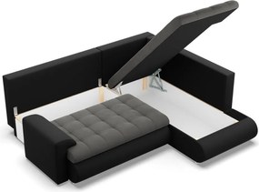 Tokio sarokkanapé, L alakú háttámlával, 2 ágyneműtartóval, bársony + műbőr, jobboldali, szürke - fekete