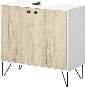 kleankin Fa Mosdó Szekrény Alá Mosdó Komód 2 Ajtóval, Polccal és Acél Lábbal 60x30x60 cm Tölgy és Fehér | Aosom