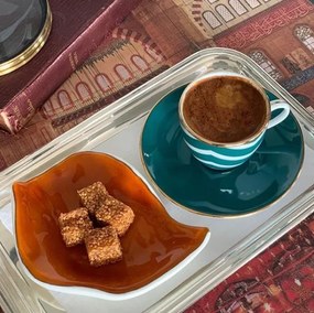 Turecký kávový set 2 šálků s podšálky, tyrkysová vlna - Selamlique