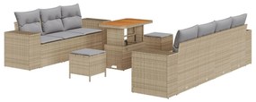 10 részes Kert Kanapé Szett Párnákkal Bézs Poli Rattan Akác, 3 részes Kert Étkező Szett Párnákkal Bézs Poli Rattan Akác