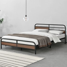 [en.casa] Fémkeretes ágy Aarau 180x200 cm fa-hatású elemekkel