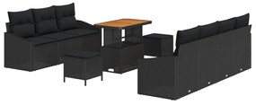 10 Részes Kerti Kanapészett Párnákkal Fekete Poli Rattan Akácia, 2-Fős Kerti Kanapé Párnákkal Fekete Poli Rattan, 3 Részes Kerti Étkező Szett Párnákkal Fekete Poli Rattan Akácia