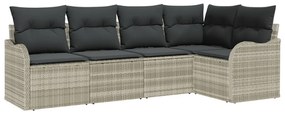 5 darabos Kerti Kanapészett párnákkal Világosszürke Poli Rattan, 2 férőhelyes Kerti Kanapé tárolóval és párnákkal Világosszürke Poli Rattan