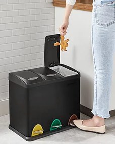 Szelektív konyhai hulladékgyűjtő, pedálos fedéllel, 3 x 8 literes  vödörrel, acél, fekete
