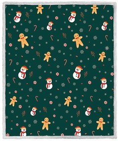 Hóember és mézeskalács karácsonyi sötétzöld mikroplüss báránytakaró Méret: 200 x 220 cm