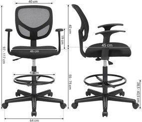 Ergonomikus irodai szék kartámaszokkal, magas forgó szék 55-75 cm ülésmagasság, fekete