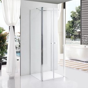 Stuxi Roma 80x80 falsíkra szerelhető 3 oldalú kétszárnyú nyílóajtós zuhanykabin 6 mm vízlepergető biztonsági üveggel, króm elemekkel, 195 cm magas