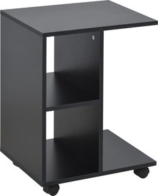 HOMCOM Modern C-alakú Oldalsó Asztal Kerekekkel, Nyitott Polcokkal a Nappaliba és Hálószobába, 45x35x58 cm, Fekete | Aosom