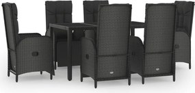 vidaXL 7 részes fekete és szürke polyrattan kerti étkezőszett párnával