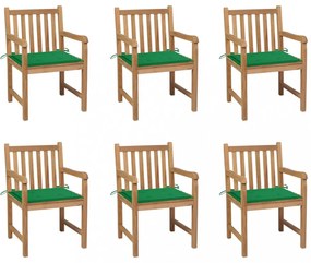 6 db tömör tíkfa kerti szék zöld párnákkal