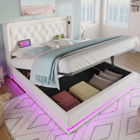 Kárpitozott ágy Dupla ágy Usb Type-C 160x200cm Hidraulikus Pu Fehér