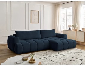 Sötétkék kinyitható-tárolóhelyes sarokkanapé (jobb oldali-heverő résszel) Fuji – Bobochic Paris