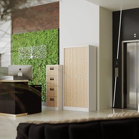 Fém irattartó szekrény, 4 fiókos SARA V4, 460 x 1320 x 620 mm, Eco Design: fehér/ sonoma tölgy
