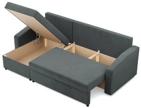 Zeus sarokkanapé, 2 ágyneműtartóval, döntött kartámasz, bársony, univerzális oldal, hab töltet, szürke