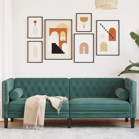 3 személyes sötétzöld bársony Chesterfield kanapé párnákkal