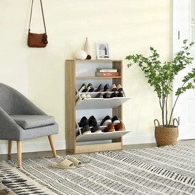 cipős szekrény, három polcos cipőtartó 2 ajtóval fehér-natúr