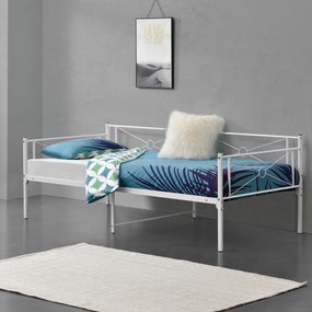[en.casa] Fémkeretes ágy Alvesta 90x200 cm egyszemélyes dizájn ágykeret fej-és ágyvéggel ágyráccsal acélváz fehér, mat