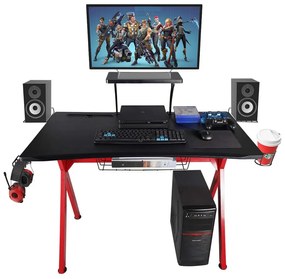 Gamer számítógépasztal pohártartóval, fejhallgató-akasztóval és monitor állvánnyal, 106x54x76cm - piros