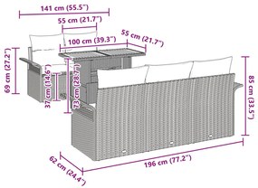 6 Részes Kerti Kanapé Szett Párnákkal Fekete Poli Rattan Eukalyptus