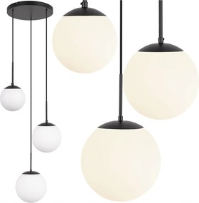 Mennyezeti függőlámpa 3x E27 üveg Gömb fehér fekete Nappali csillár