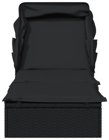 Fekete polyrattan napozóágy összecsukható tetővel 213x63x97 cm