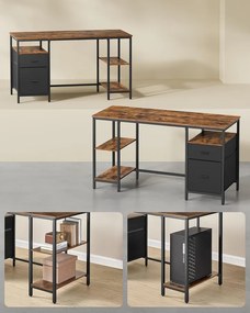 VASAGLE számítógépasztal, íróasztal 3 polccal, 60x140 cm, barna és fekete