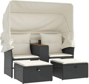 vidaXL 2 személyes fekete polyrattan kerti kanapé baldachinnal/székkel