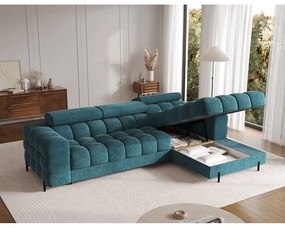 Kék buklé kinyitható-tárolóhelyes sarokkanapé (jobb oldali-heverő résszel) Felro – ELTAP