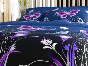 Mikroplüss ágyneműhuzat szett VIOLET BUTTERFLY sötétkék + mikroplüss lepedő SOFT 180x200 cm fehér, dupla ágyhoz