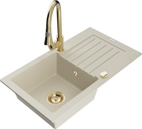 Mexen Pablo egymedencés gránit mosogató csepegtetővel és Elia konyhai csapteleppel, bézs - 6510-69-670101-50