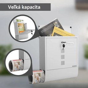 Postaláda hengerrel az újságok számára, acélból, nagyméretű, fehér