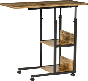 HOMCOM Ipari Stílusú C-alakú Nappali Asztal, Magasságállítható Éjjeliszekrény, 3 Polc és 4 Görgő Fékekkel, Régies Barna | Aosom