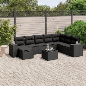 9 részes fekete polyrattan kerti ülőgarnitúra párnákkal