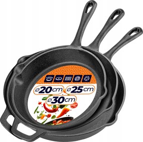 3x Öntöttvas Serpenyő Indukciós Gáz Grill 20/25/30 cm Öntöttvas Serpenyő Szett