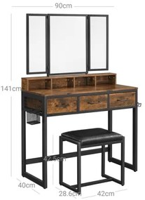 FLORA sminkasztal puffal, 28,6x42 cm, barna/fekete