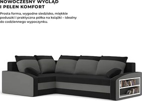 Grande sarokkanapé polcokkal , polc a jobb karfaban, baloldali, szövet anyag, hab töltet, fekete - szürke