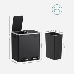 Légmentes acél szemetes, konyhai szemetes, 2 x 15 literes, fekete