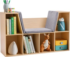 HOMCOM Gyermekpolc Ülőpadával 6 Rekeszes Gyermekpad 3 Párnával Játék Tároló 3 Éves Kortól Szürke+Természetes 103 x 30 x 62 cm | Aosom