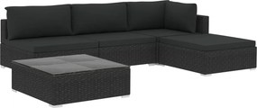 vidaXL 5-részes fekete polyrattan kerti bútorszett párnákkal