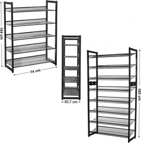 Cipőtartó polc 5 szintes fém háló polcokkal, fekete 74x30x104cm