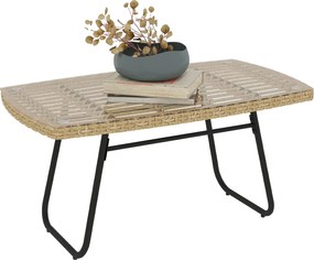 Outsunny Polyrattan Kerti Asztal, 90 x 50 x 45 cm, UV-álló Üveglapos Oldal Asztal, Téglalap alakú Terasz Asztal, Erkély Asztal a Kerthez, Teraszhoz, E