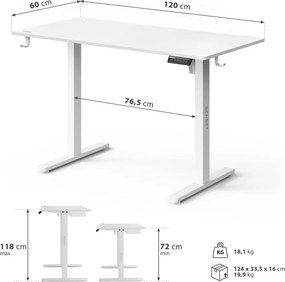 Állítható magasságú íróasztal Nojo Light 120 cm x 60 cm fehér