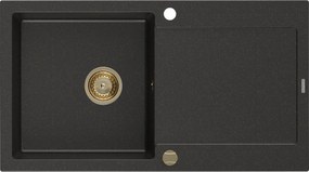 Mexen Leo  konyhai mosogató gránit 1 medence+csepegtetö+ pop up szifon  900 x 500 mm, fekete / arany, szifon  arany  - 6501901010-75-G 1 medencés