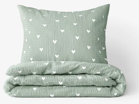 Goldea krepp ágyneműhuzat - szívecskék, zsálya színű alapon 140 x 200 és 70 x 90 cm