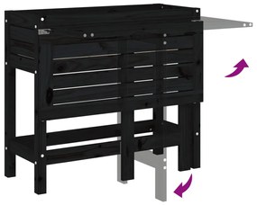 fekete tömör fa kerti ültetőláda összecsukható asztallappal