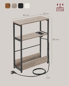 Keskeny oldal asztal töltő funkcióval 3 polcos, 18 x 45 x 58 cm Greige szürke fekete lábakkal