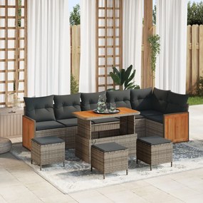 9 darabos kertibútor szett párnákkal, szürke poli rattan akácia, 2 személyes kertibútor párnákkal, szürke poli rattan, 3 darabos kertiparti étkező szett párnákkal, szürke poli rattan akácia