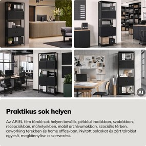 Iratrendező polc zárható szekrénnyel, irodai, nyitott polcok, fém fekete, 800x2200x400 mm: ARIEL